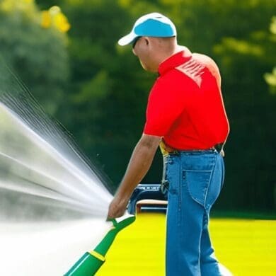 man in a red shirt spraying liquid lawn fertilizer